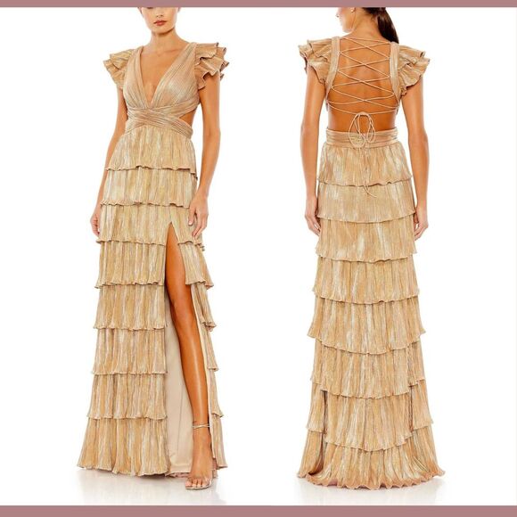 NWT‎ $498 IEENA Mac Duggal [ 4 ] 26740 Ruffle Tiered Lace Up Gown Gold - Picture 2 of 16